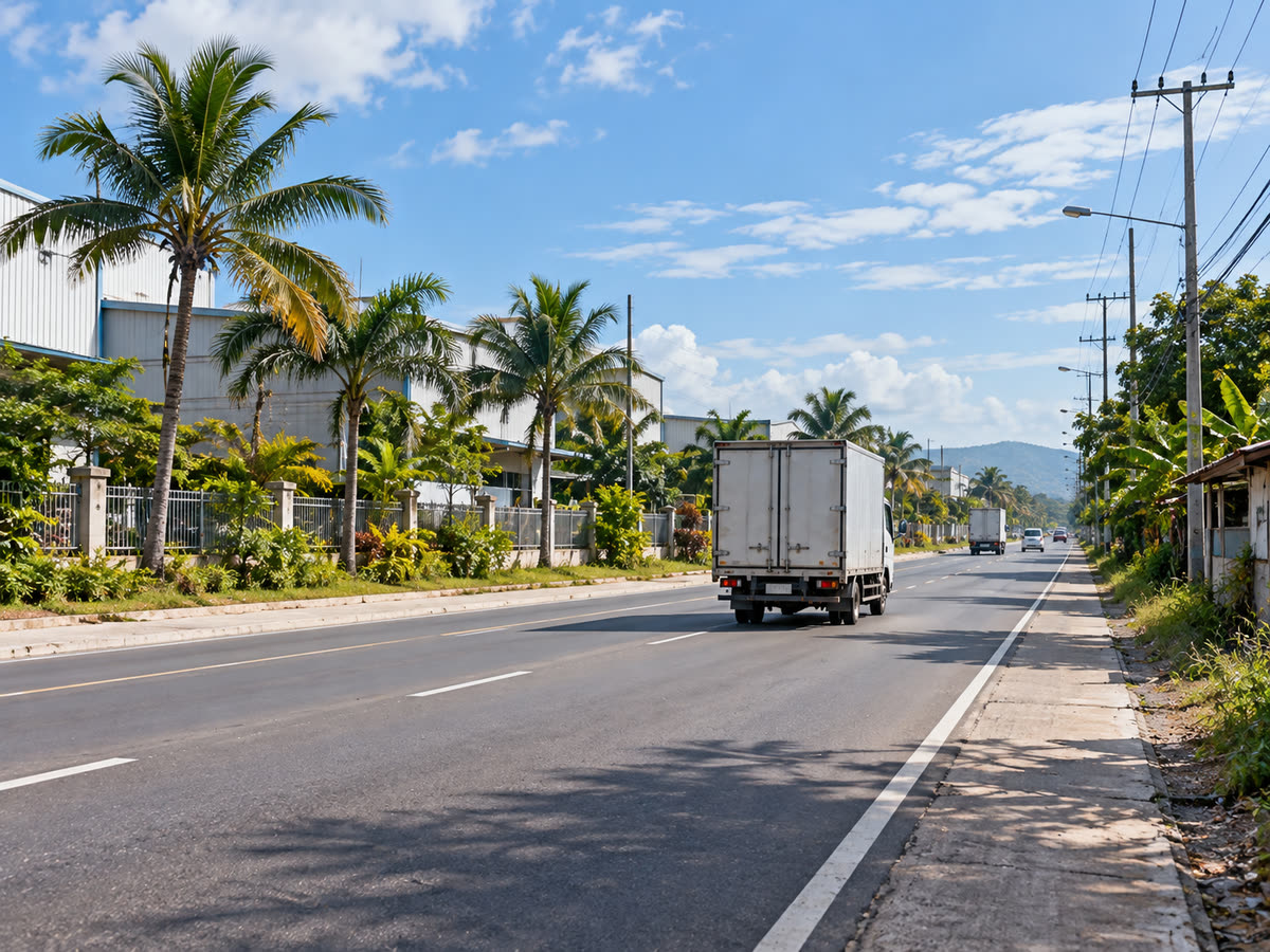 菲律宾园区道路与行驶中的轻型货车，用于物流线路勘察