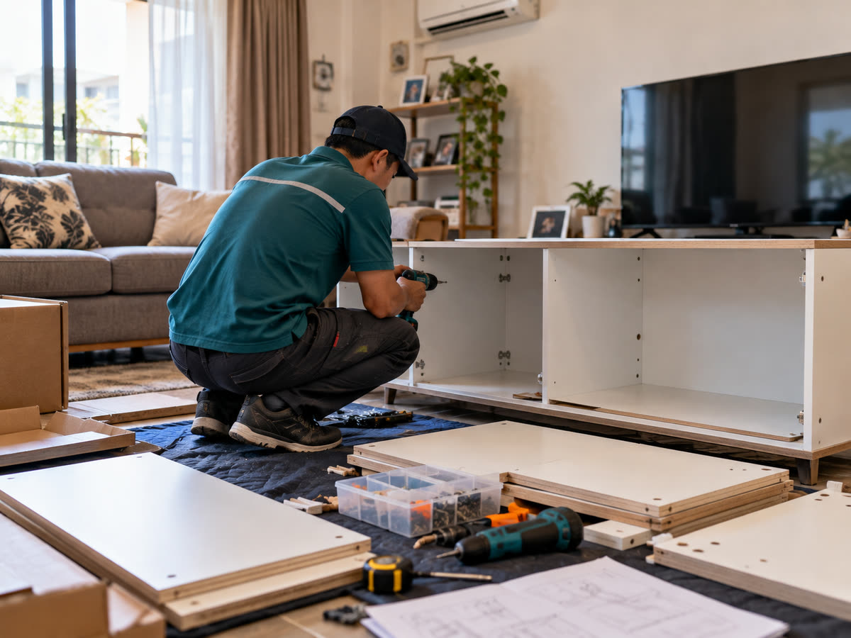 安装人员在住户客厅内组装平板包装柜体，地面散放板材与工具